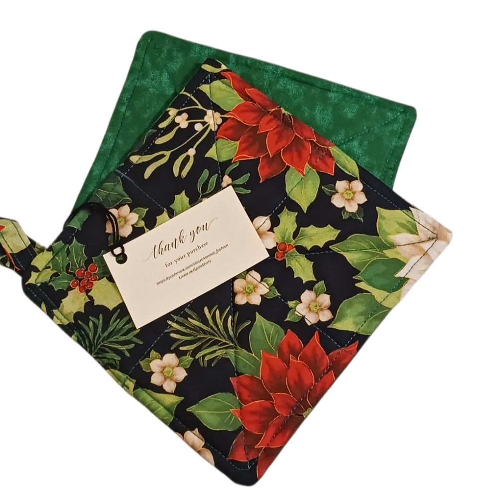 Handmade Gifts, Holiday Green, and Floral Quilted Pot Holders. Set Of 2